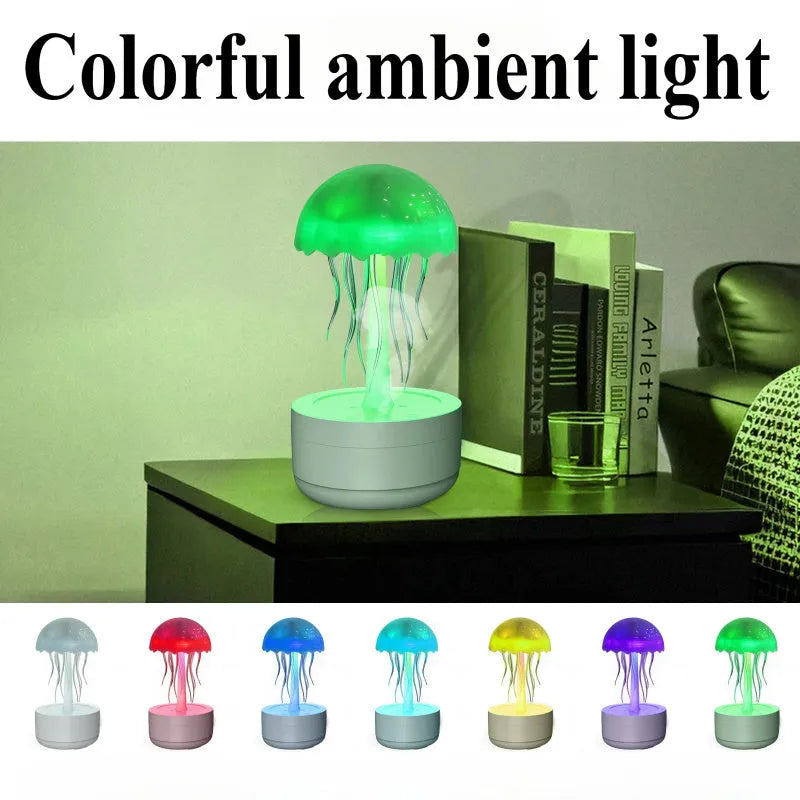 White jellyfish humidifier diffuser with 300ml capacity and 7-colour night light on desktop