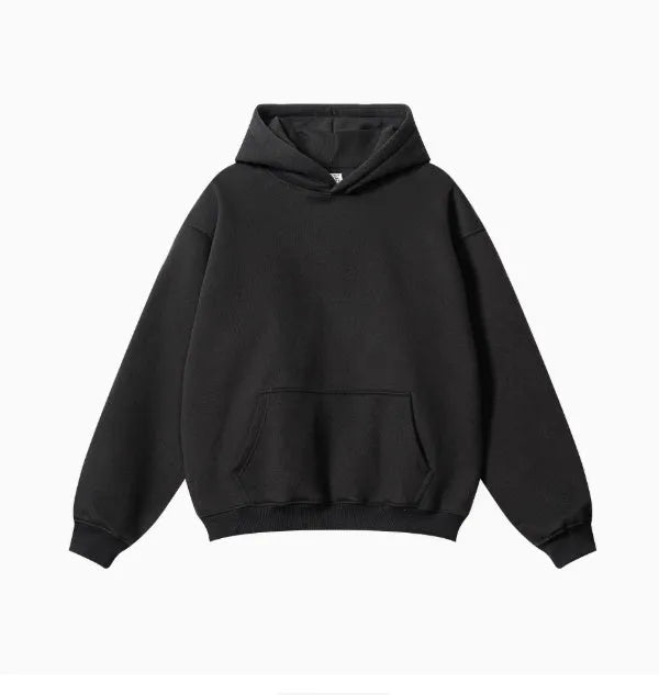 Men's grey terry cotton hooded sweater with drop shoulders on hanger showing texture detail