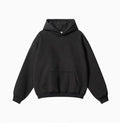 Men's grey terry cotton hooded sweater with drop shoulders on hanger showing texture detail