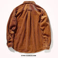 Long sleeve corduroy cardigan shirt in loose Hong Kong style, available in caramel and grey colours, sizes M to 2XL.
