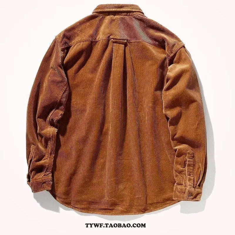 Long sleeve corduroy cardigan shirt in loose Hong Kong style, available in caramel and grey colours, sizes M to 2XL.