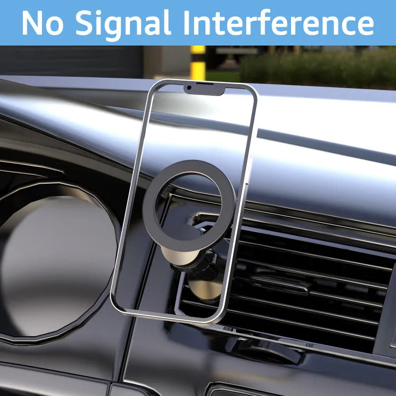 Black magnetic car phone holder attached to vehicle air vent with O-ring bracket design
