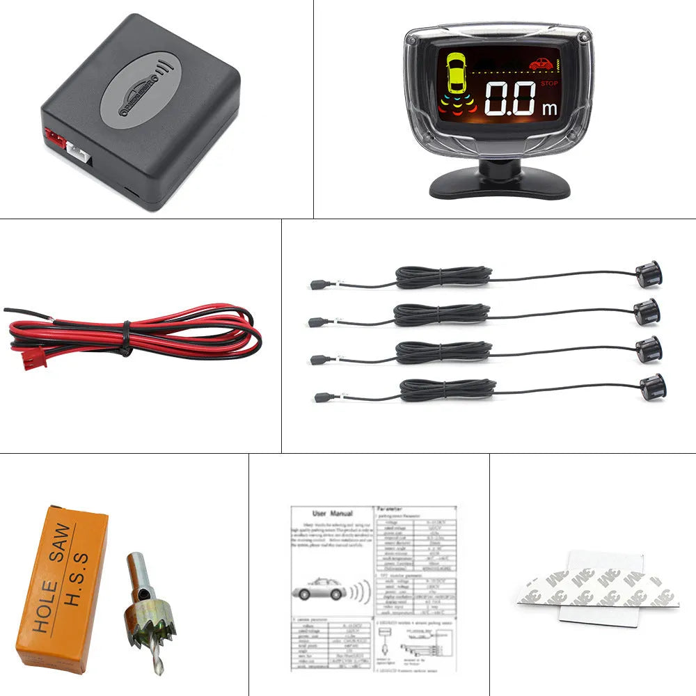 Wireless vehicle reversing sensor system with display unit and four embedded probes for obstacle detection