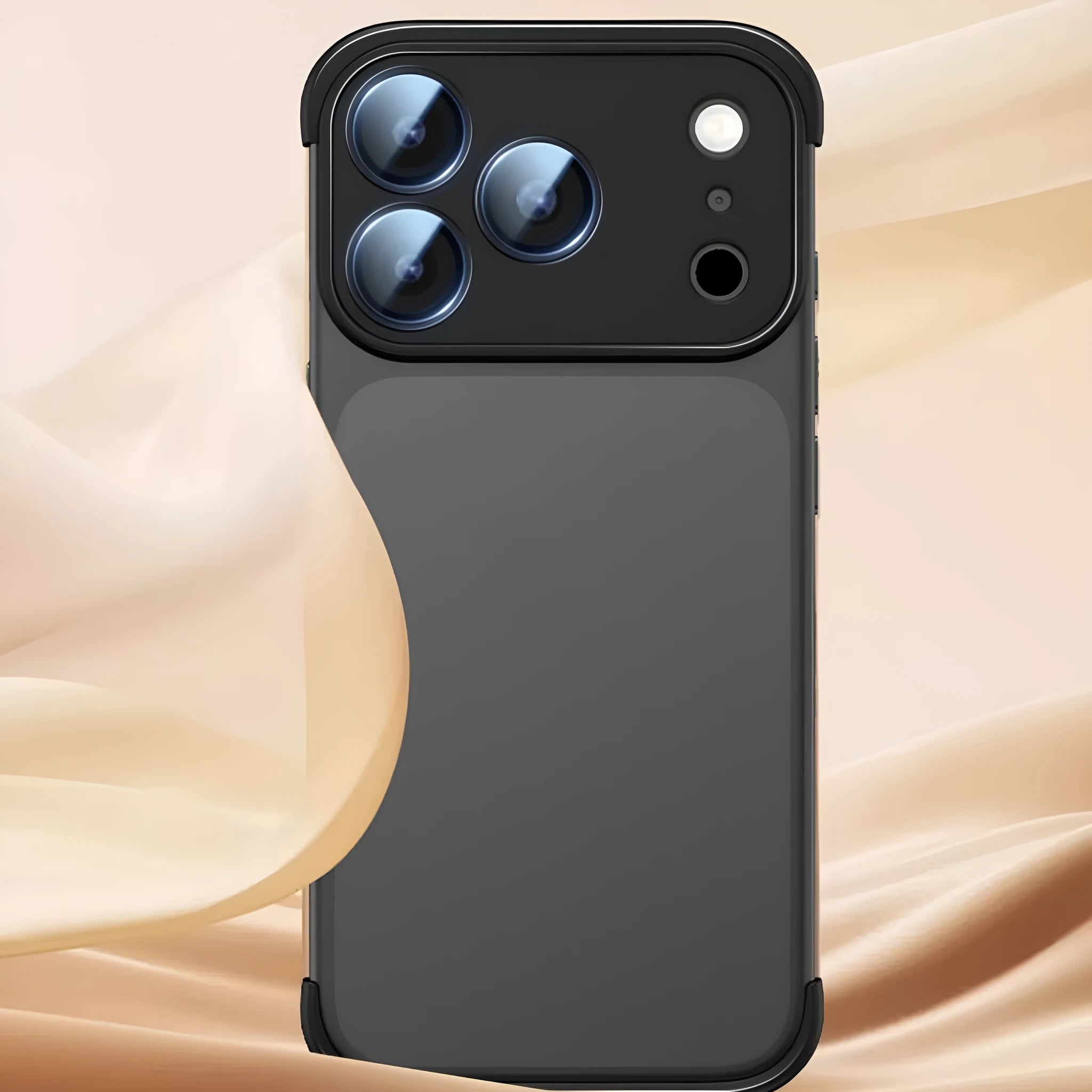 Transparent iPhone 17 phone case in black, orange, gray and desert colour