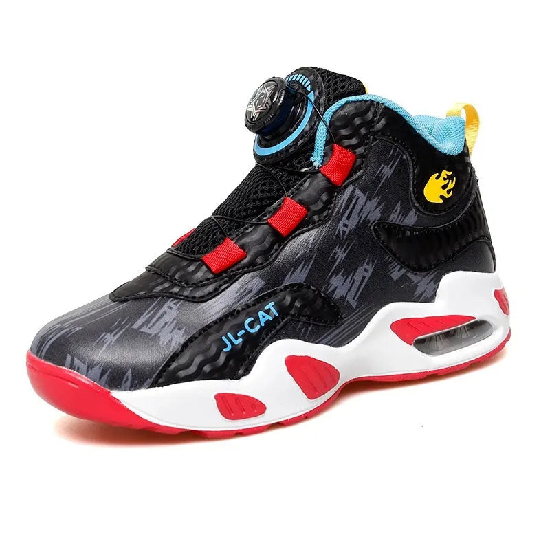 Children's rotating button basketball shoes in black with waterproof PU sole and synthetic leather upper