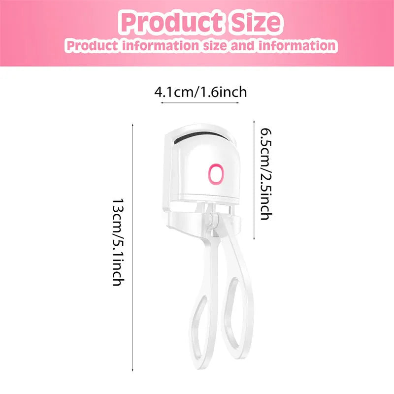Pink and white USB rechargeable heated eyelash curler with dual temperature settings.