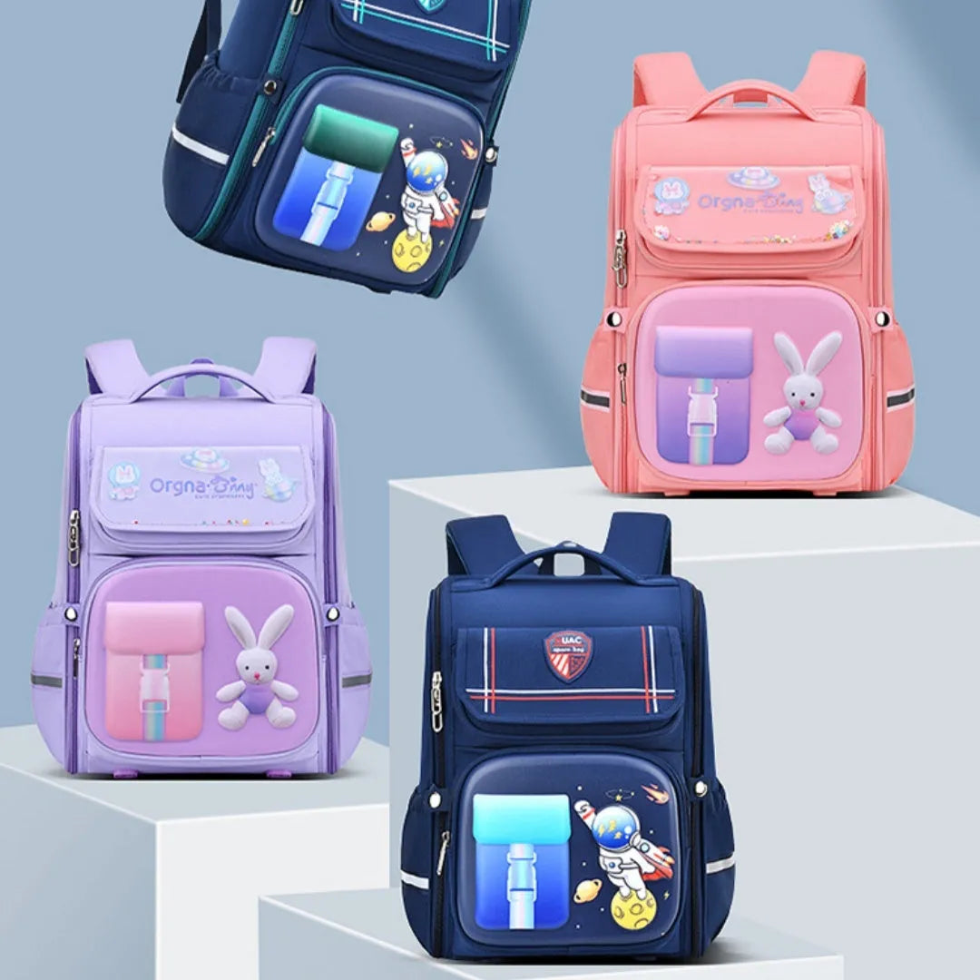 Children's cartoon backpack with airpillow straps in Spaceman Blue Red, designed for primary school use to reduce spine pressure
