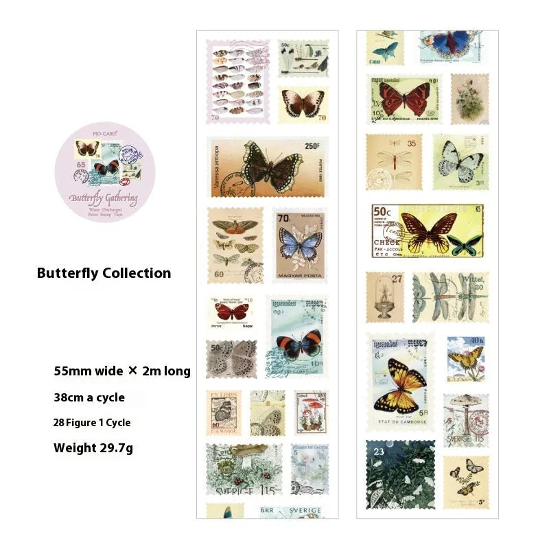Retro DIY coated paper stamp roll with butterfly, forest, bird, and mushroom designs, 55mm wide and 2m long