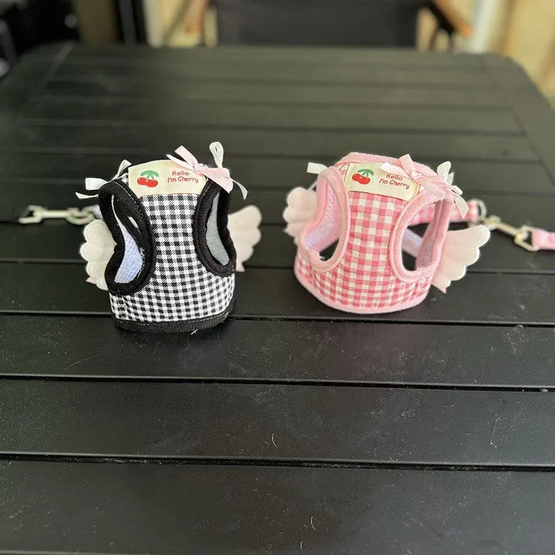 Pink and black cotton chest-back harness for small dogs with hand holding rope, adjustable sizing XS to 2XL