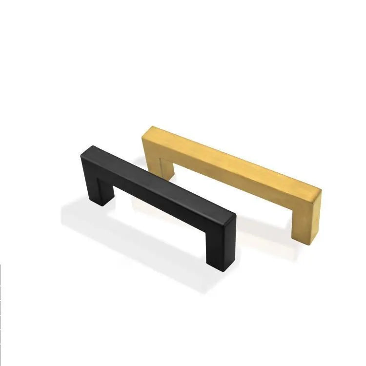 Stainless steel square pipe cabinet door handle in brushed silver finish, shown alongside black and gold colour options.