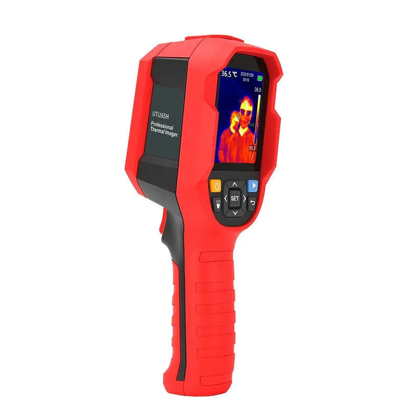 UTi series handheld infrared thermal imager with 2.8-inch display showing thermal pattern, dimensions 236x75.5x86mm