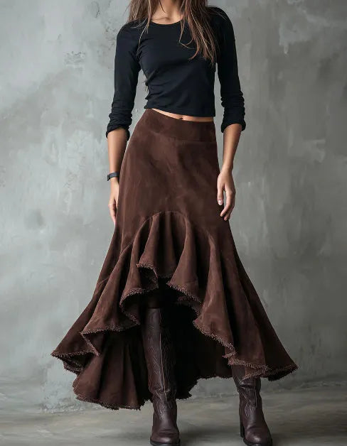 Brown women's maxi skirt with high-low hem and ruffle trim in eco-suede polyester fabric