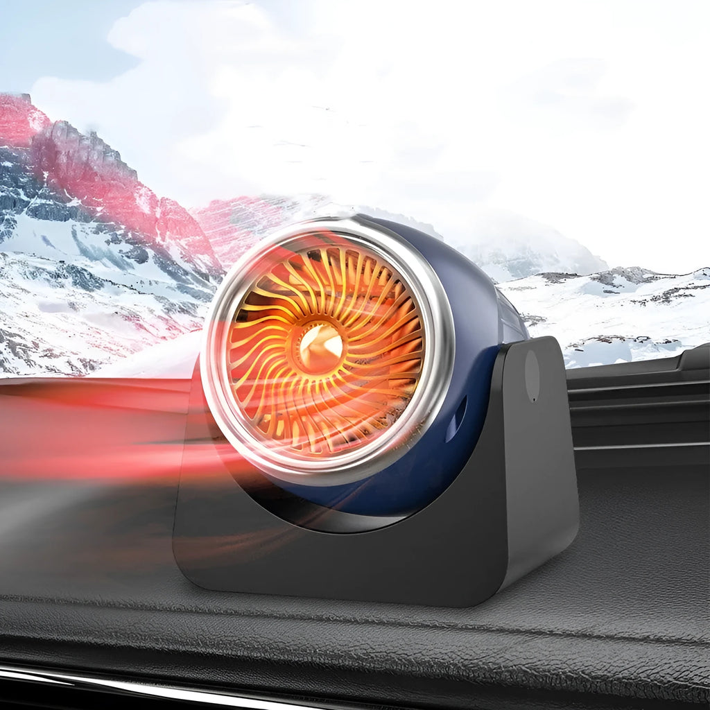 Navy blue 12v car heater with rotation function for defrosting windows, showing cigarette lighter plug