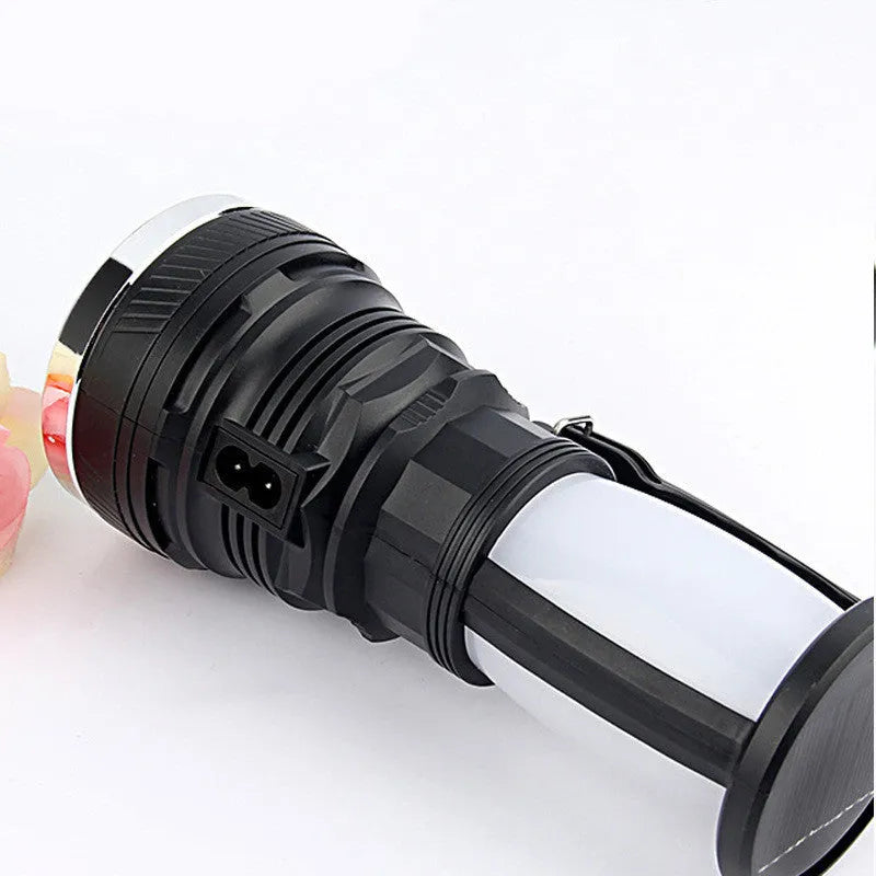 Black solar charging LED flashlight with USB port and press switch for outdoor emergency use