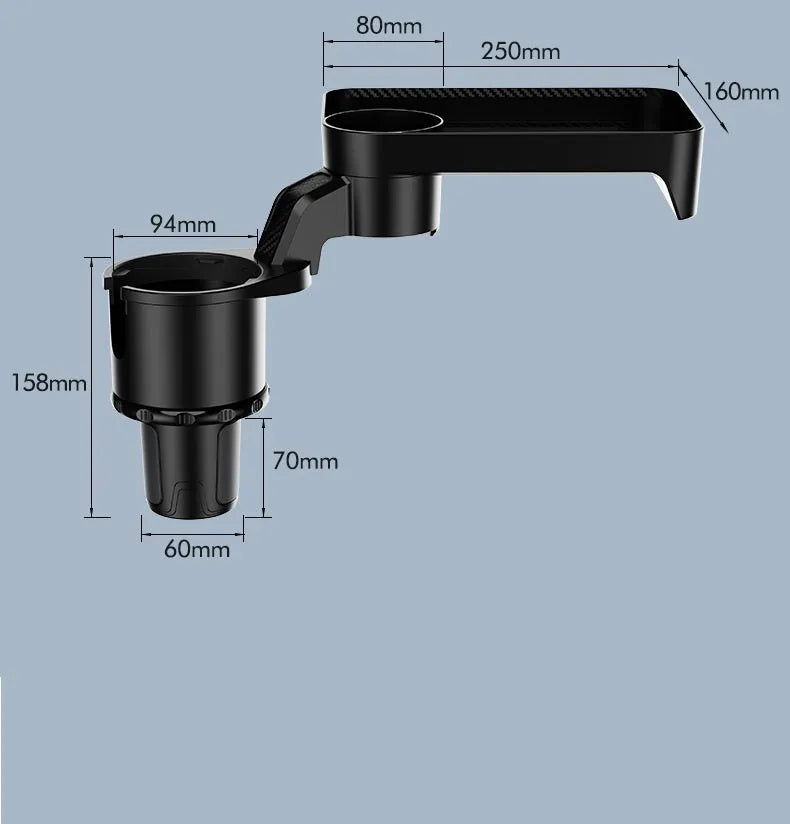 Black car-mounted rotating dinner tray holder installed in vehicle cup holder showing 360-degree rotation capability