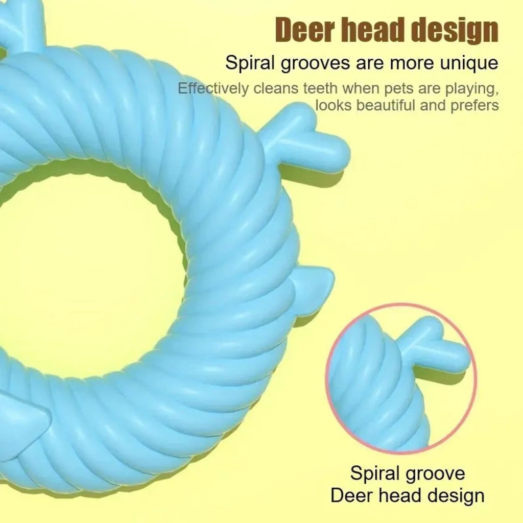 Deer-shaped dog chew toy with spiral grooves for teeth cleaning in blue, pink or green