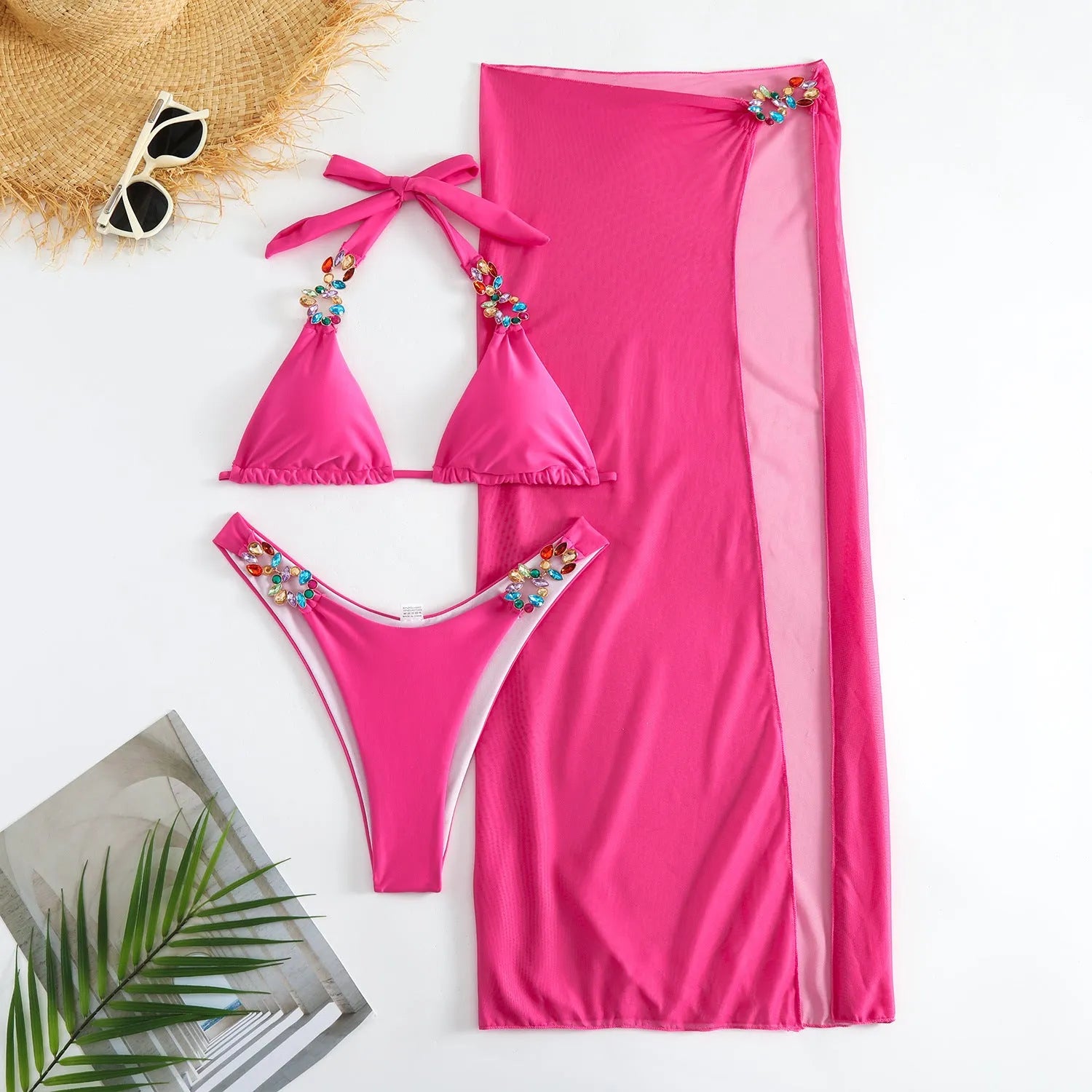 Three-piece swimsuit set with long skirt in rose red or yellow colours