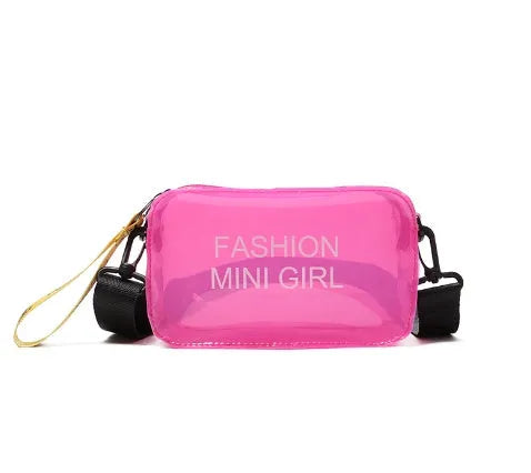 Transparent square jelly shoulder bag with adjustable strap in multiple colour options showing 19cm width dimensions
