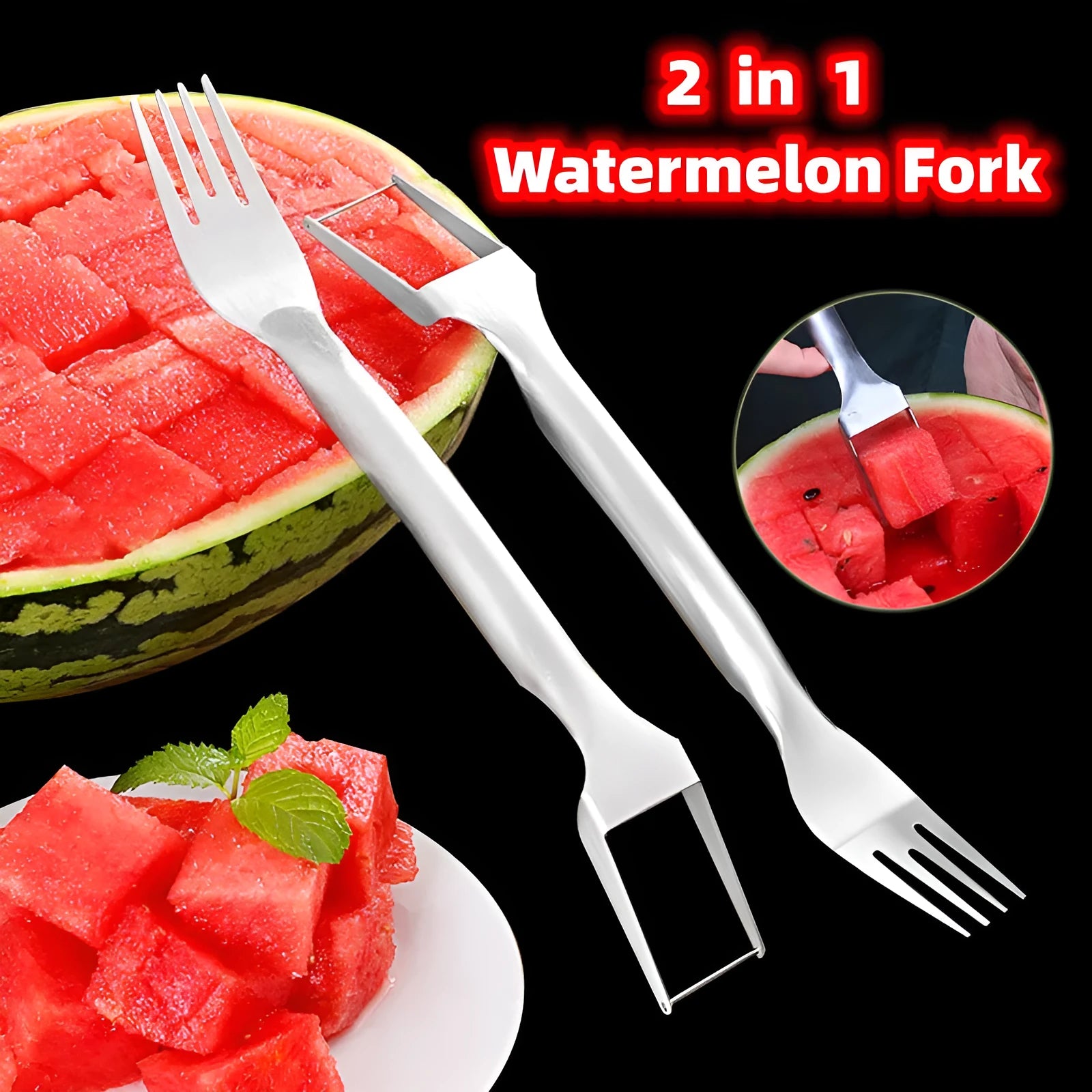 Stainless steel watermelon slicer cutter fork with 26cm handle for creating even watermelon cubes