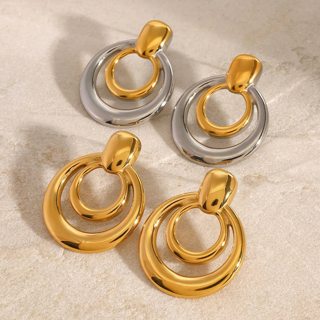 Geometric double-layer hollow stud earrings with 18K gold plating and 0.8cm diameter