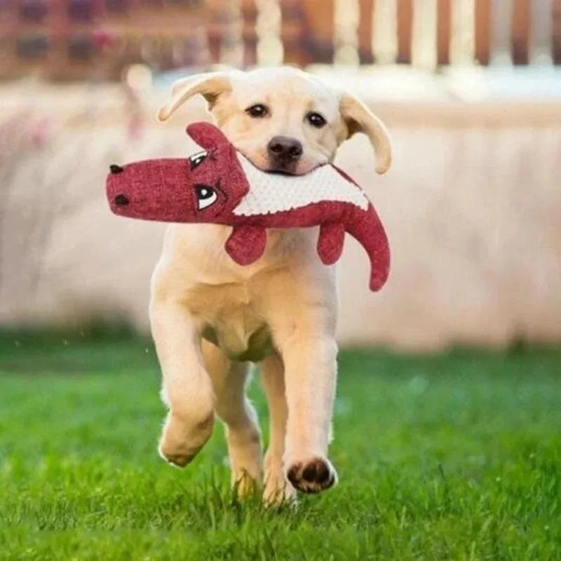 Pet plush toy in blue, green, or red with biting sound and teeth grinding texture for cats and dogs