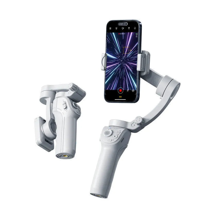 Grey ABS handheld three-axis anti-shake stabiliser with AI face tracking, fill light and camera strap