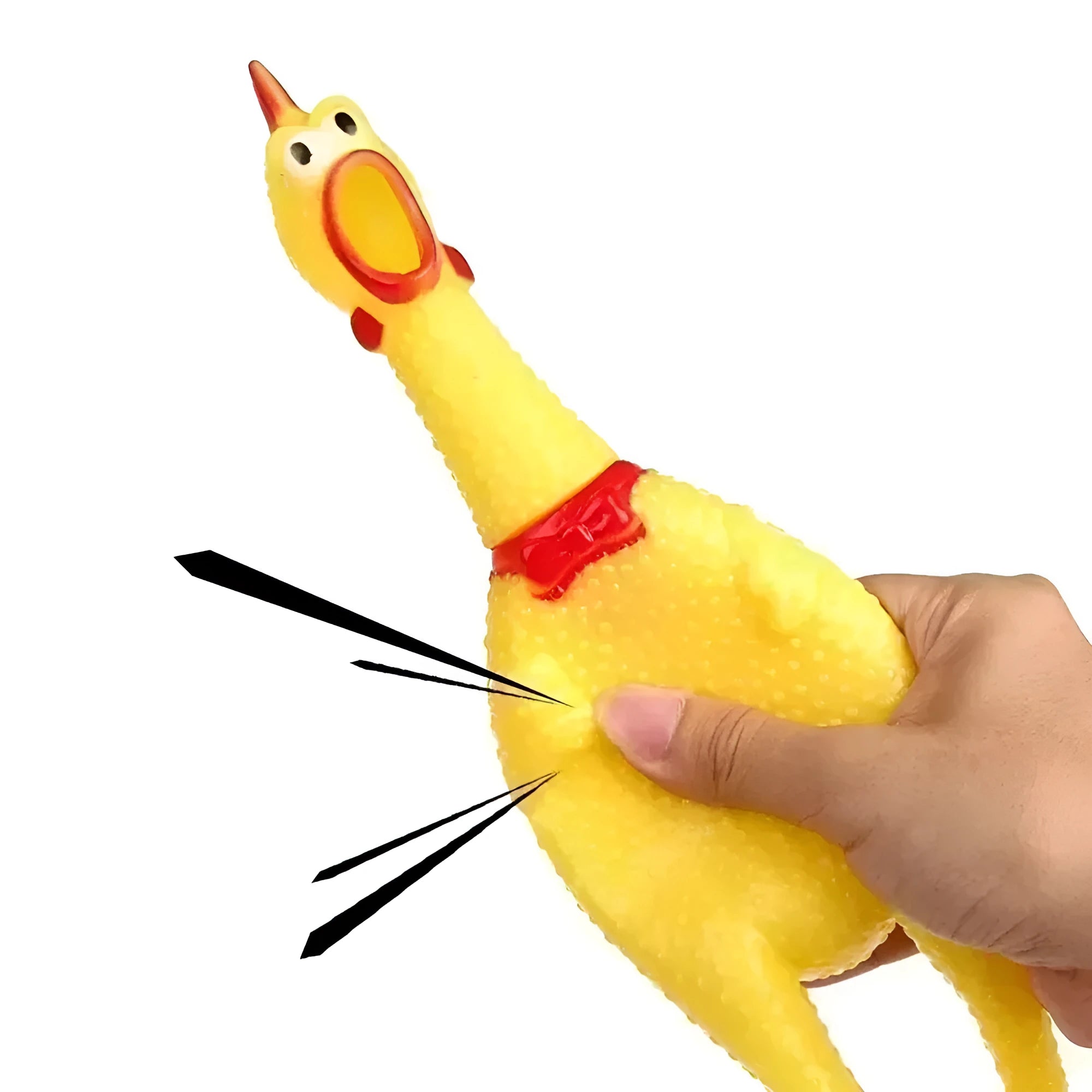 Yellow rubber squeaking chicken dog toy shown in small, medium, and large sizes.