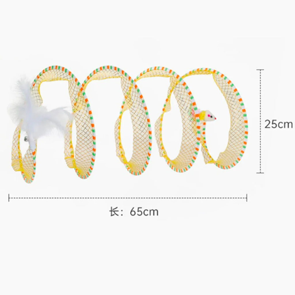 Blue or yellow collapsible cat tunnel with 95cm extendable teasing stick featuring feather attachment