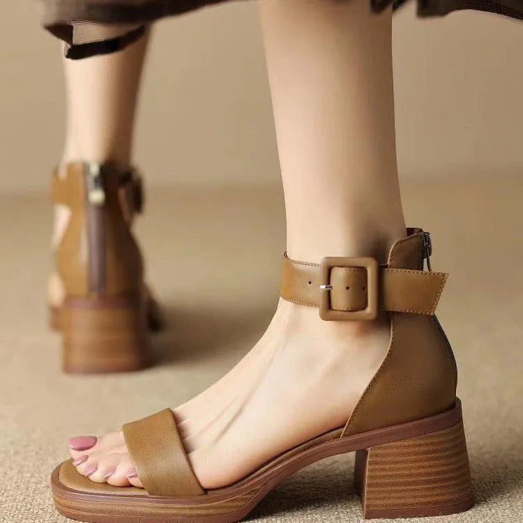 Women's retro ankle-strap platform high heels in white and khaki colours with round toe design