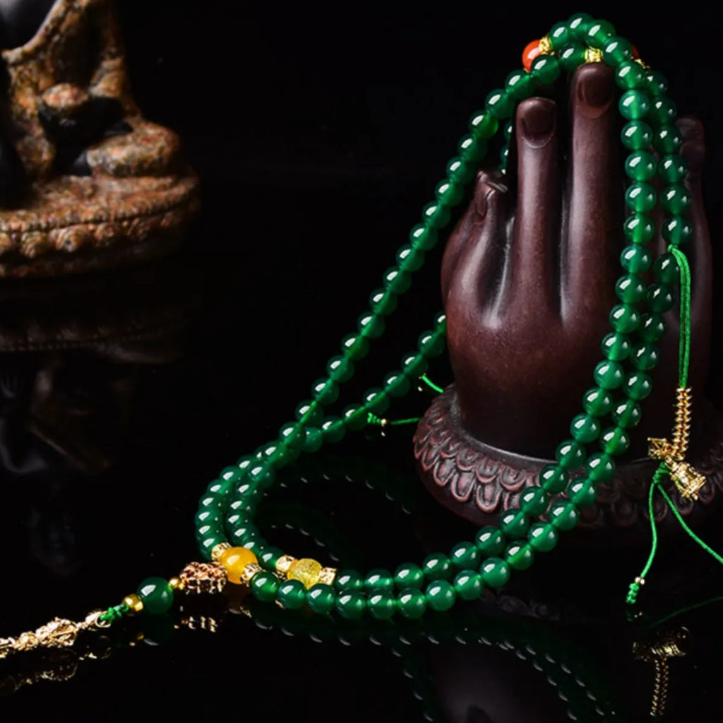 Handmade multi-circle bracelet with natural green agate beads from Brazil.
