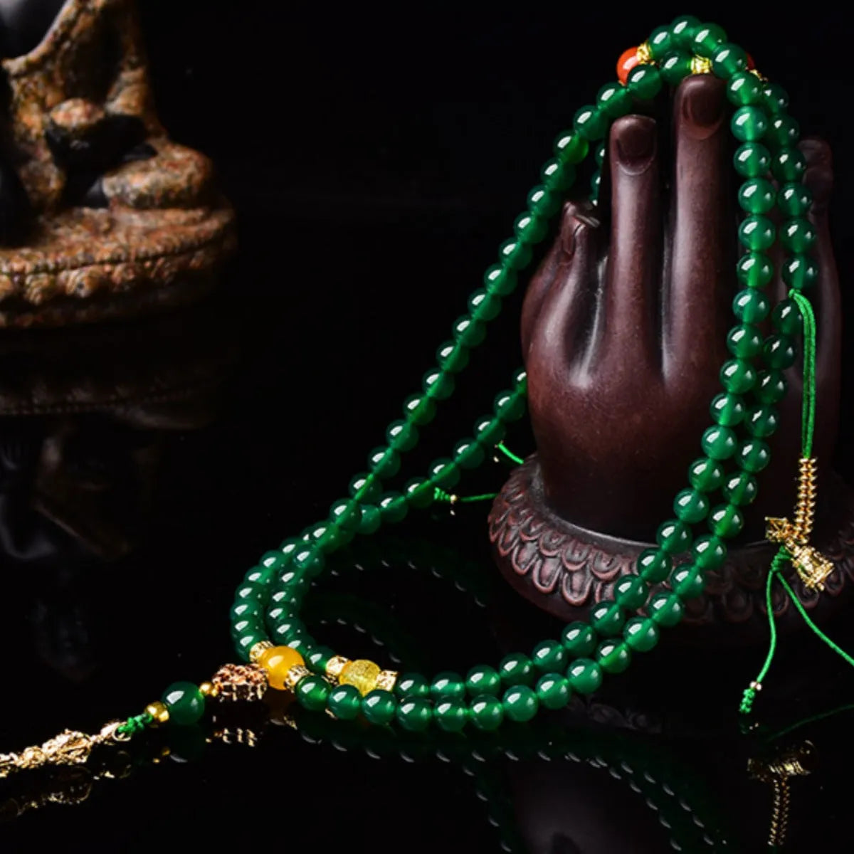 Handmade multi-circle bracelet with natural green agate beads from Brazil.