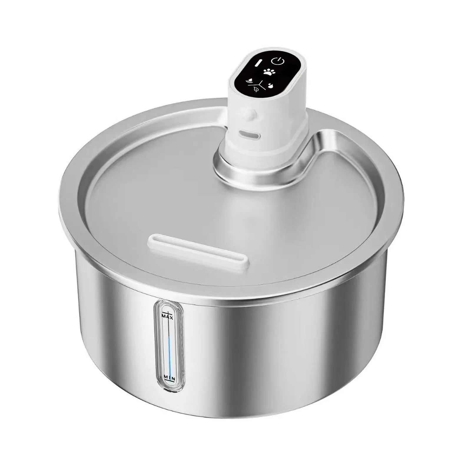 White stainless steel cat water fountain with heating base and USB cable on a kitchen floor