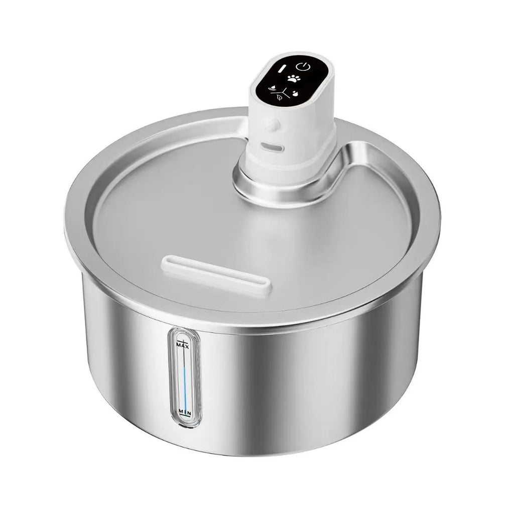 Stainless steel cat water fountain with white base and nine temperature gears, for dogs and cats hydration