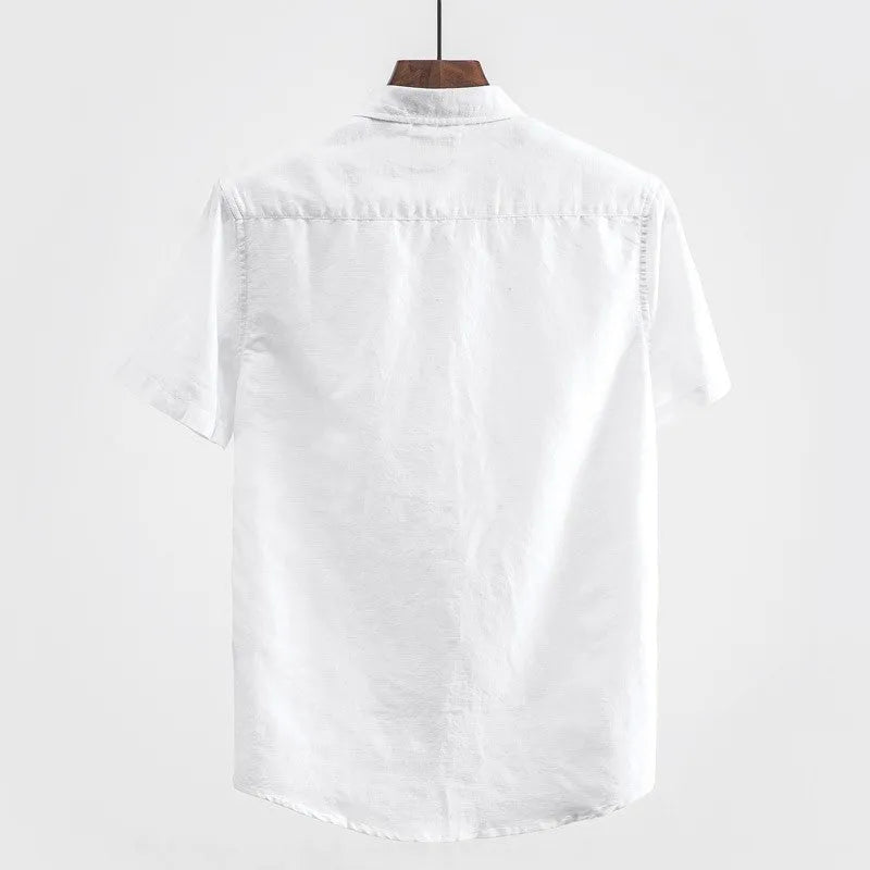 Men's square collar linen short sleeve shirt in loose fit casual style