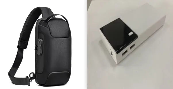 Black Rice 20000mAh portable power bank with plastic casing and included charging cable.