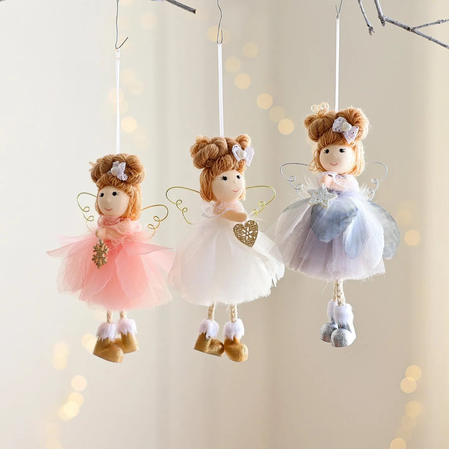 White Christmas tree ornament with mesh angel girl and snowflake pendant cartoon design