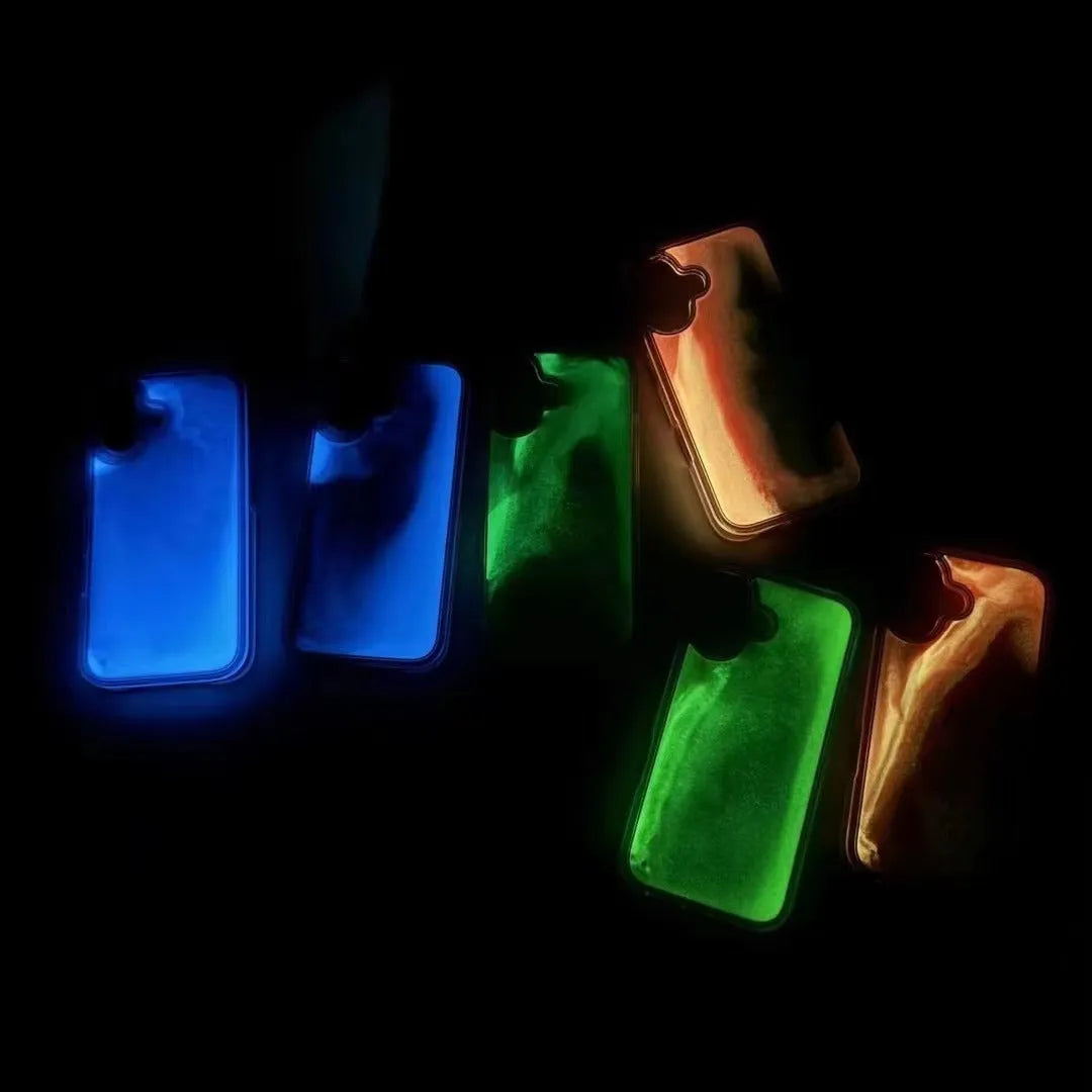 Glitter quicksand phone case for iPhone 12-16 Pro Max, hard PC TPU shell, shockproof, in black, blue, orange, yellow, rose, green.