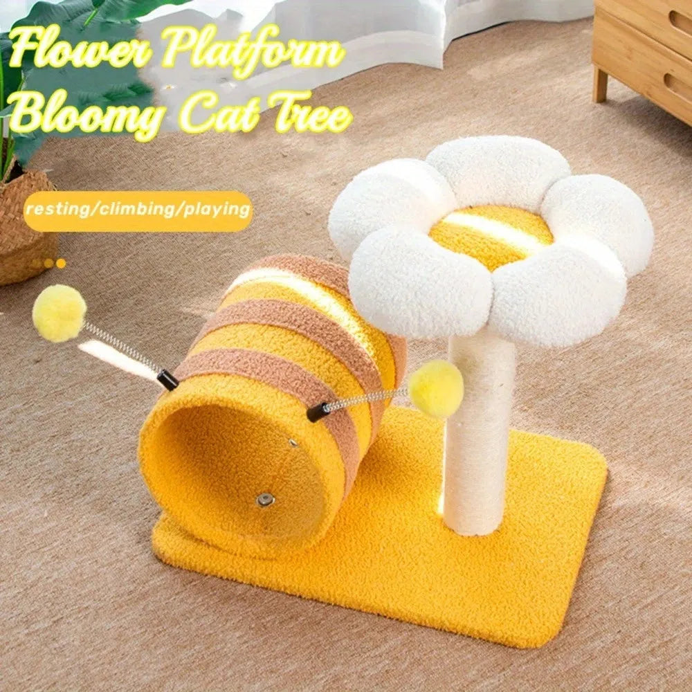 Yellow bee-themed cat climbing frame with sisal scratching board and tunnel, dimensions 46x36x25cm