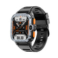 Black Android smart watch with touch screen displaying time, worn on wrist