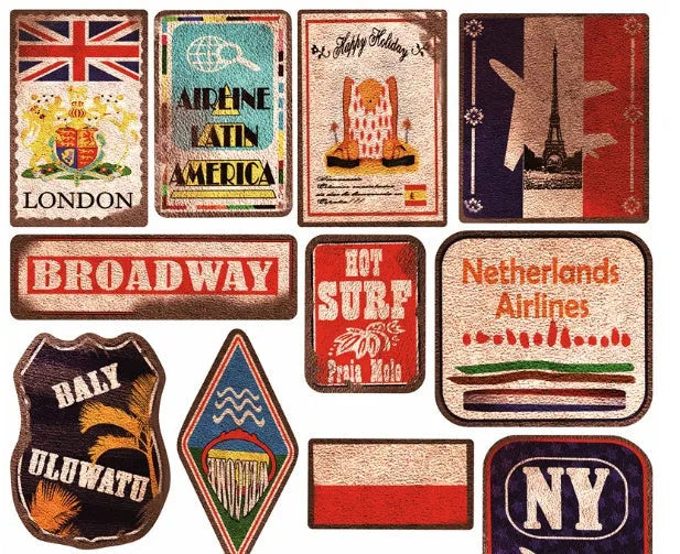 36 retro beach stickers with matte finish, sizes 6-10cm, on travel suitcase and water bottle