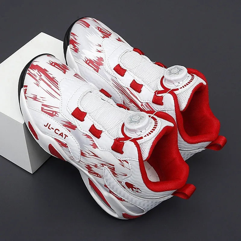 Children's rotating button basketball shoes in black with waterproof PU sole and synthetic leather upper