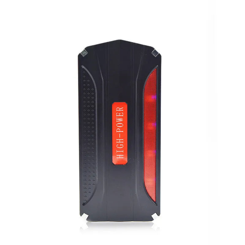 Black and red vehicle emergency starting power supply showing 7800mAh capacity and compact dimensions