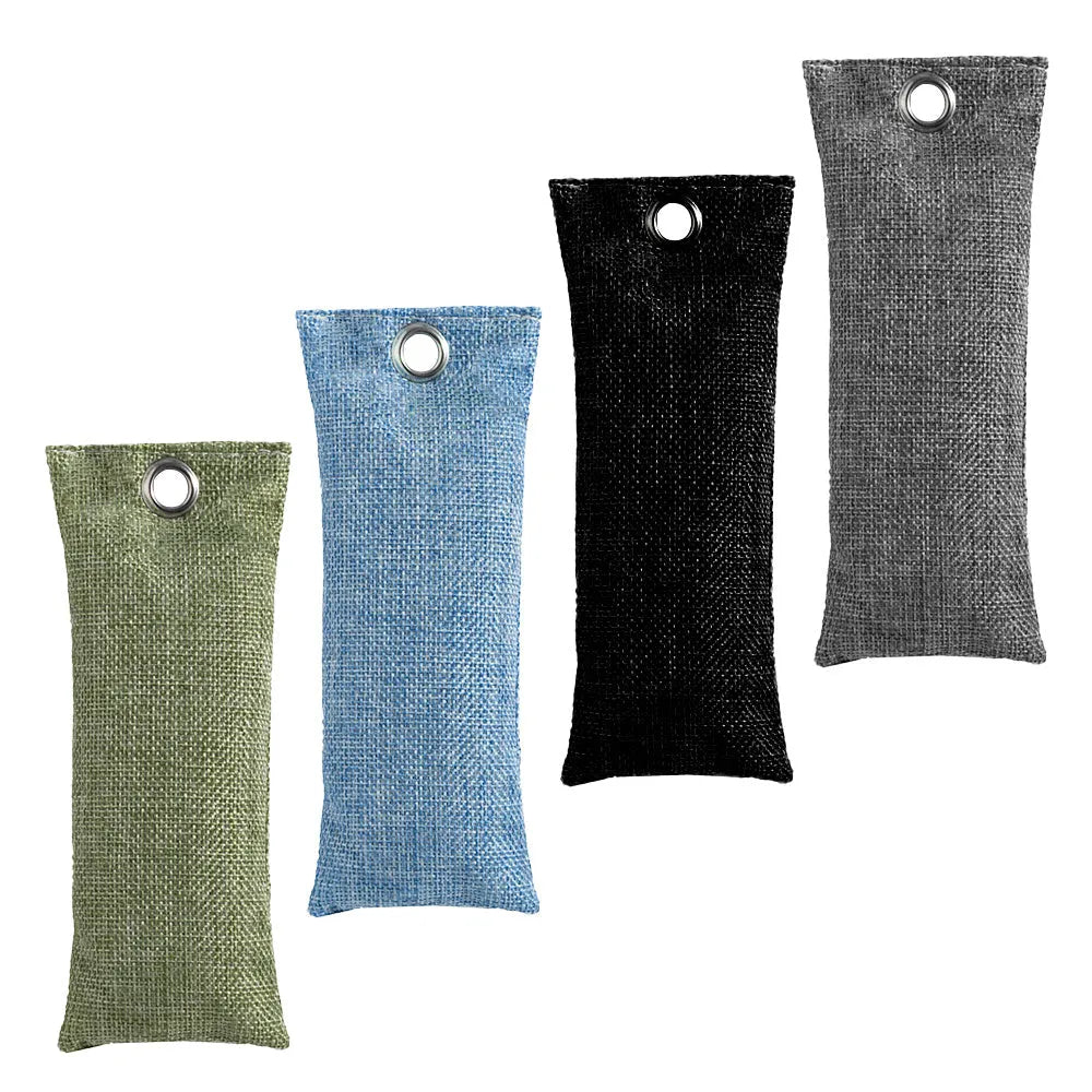 Black, blue, green, and grey linen charcoal deodoriser bags for shoes and household odour removal.