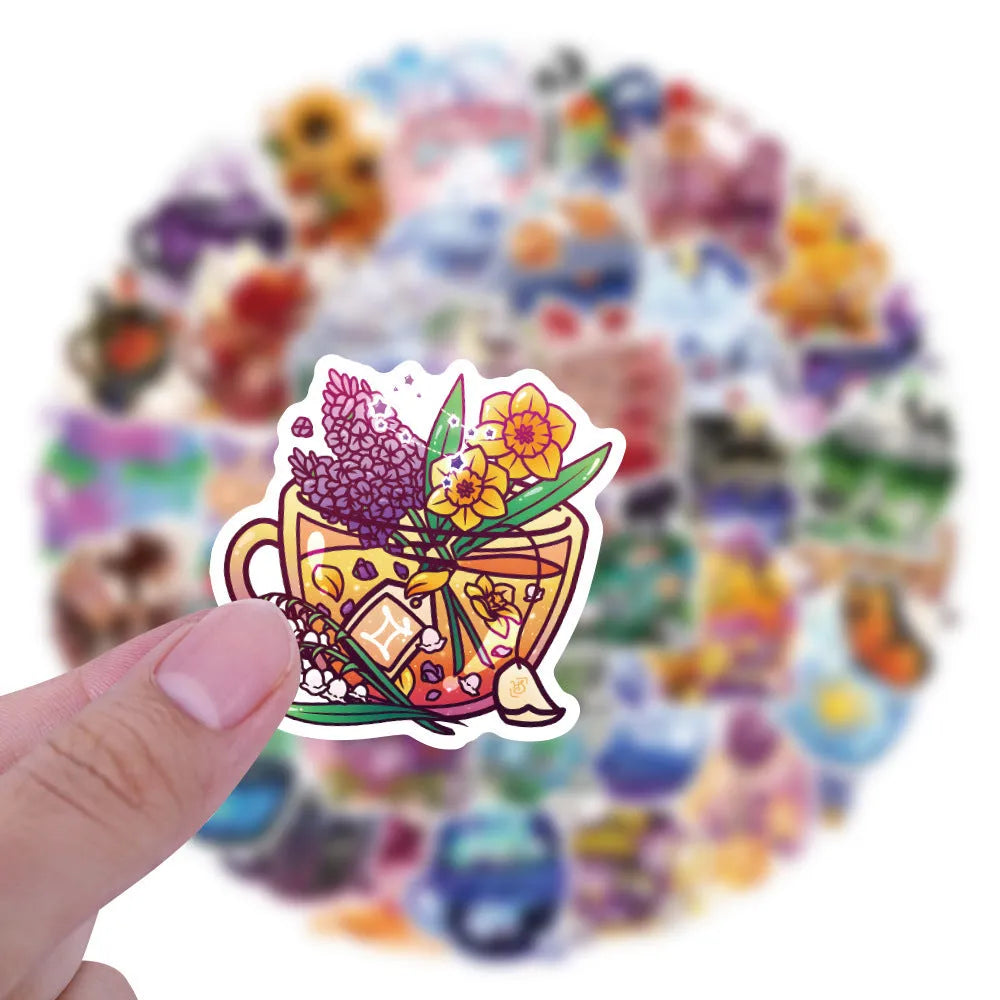Pack of 50 colourful tea cup graffiti stickers in Nordic style for DIY luggage and scooter decoration