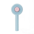 Blue and yellow cat grooming brush with self-cleaning button, measuring 170x80x45mm