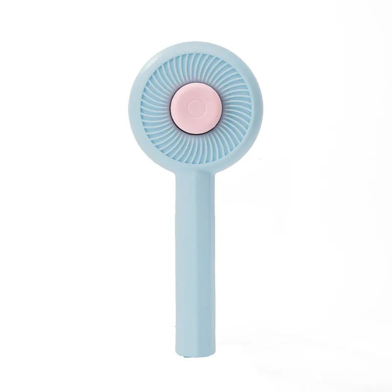 Blue and yellow cat grooming brush with self-cleaning button, measuring 170x80x45mm
