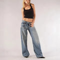 Loose straight wide leg mop trousers in blue, low waist, cotton fabric, loose fit design