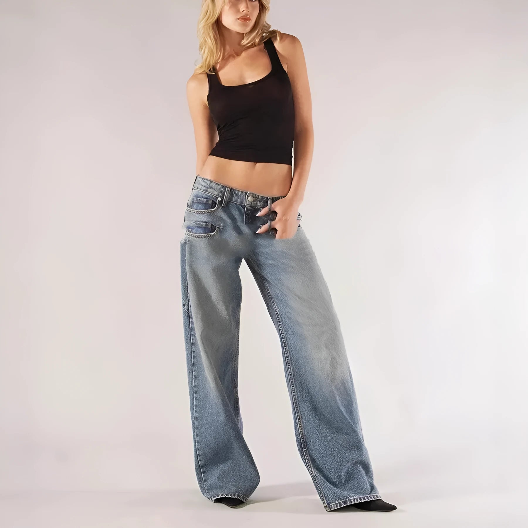 Loose straight wide leg mop trousers in blue, low waist, cotton fabric, loose fit design