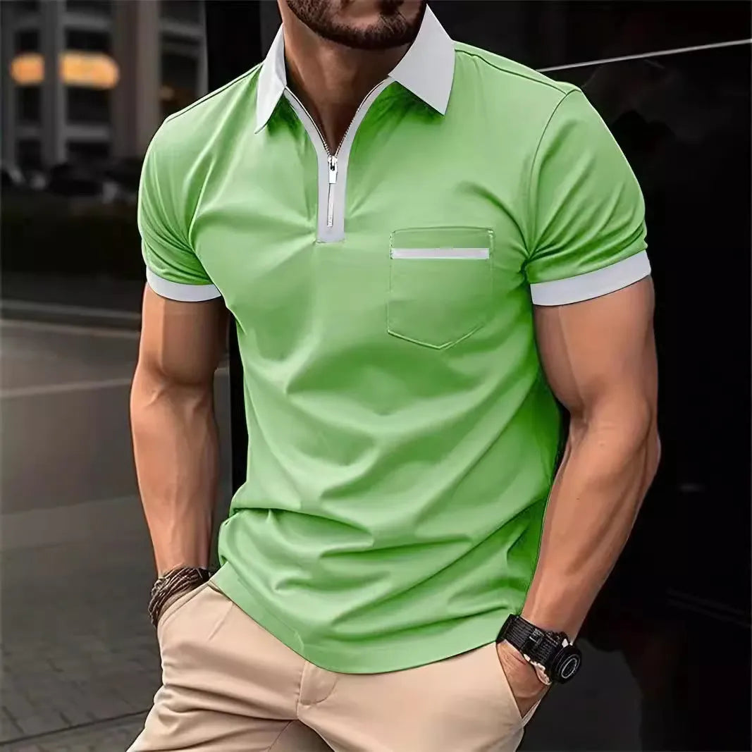 Man wearing a loose-fit short-sleeve casual shirt with a chest pocket and zipper decorations on the front.