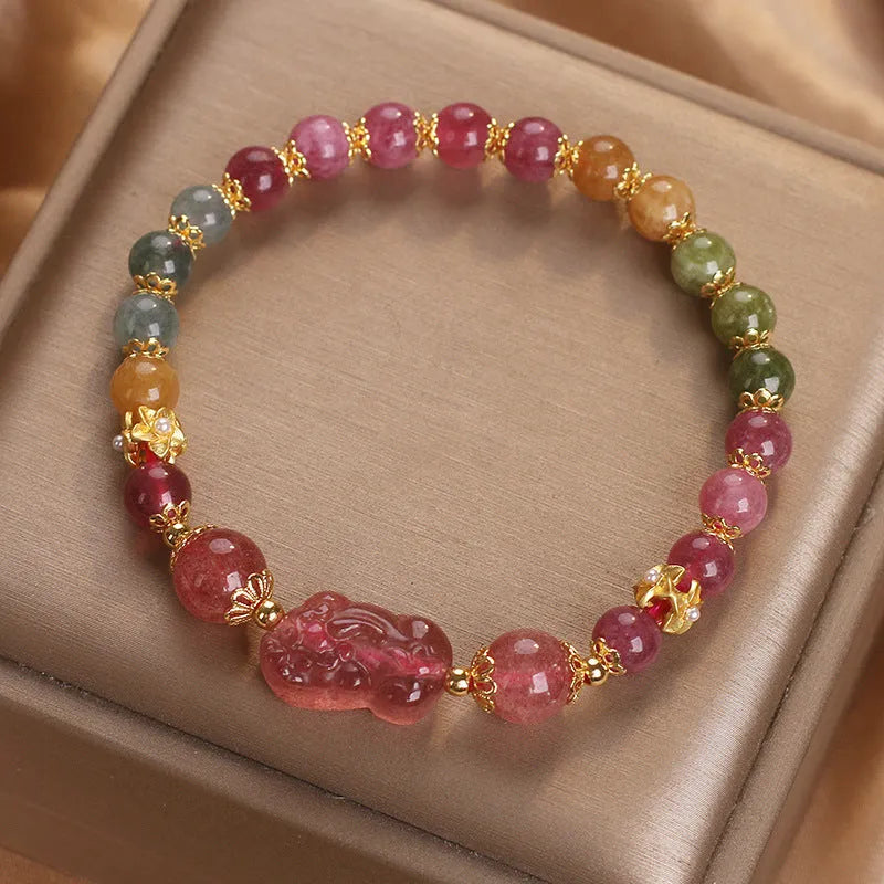 Candy colour tourmaline strawberry quartz Pi Xiu bracelet for women with 17cm length